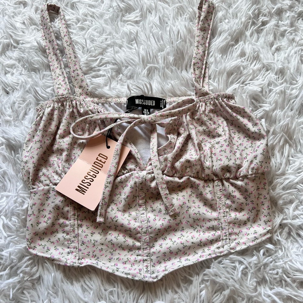 Missguided Floral Smocked Tie Front Crop Camisole